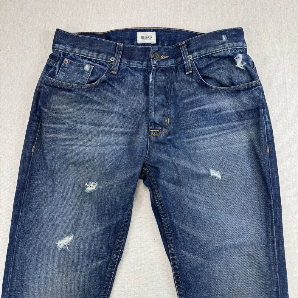 Hudson Jeans Mens 32 Distressed Straight Leg Button Fly Made USA Medium Wash